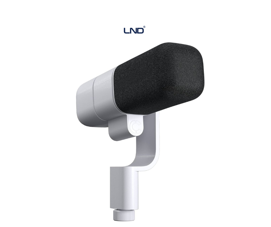 Logitech Blue Sona XLR dynamic broadcast microphone rear view with mounting arm