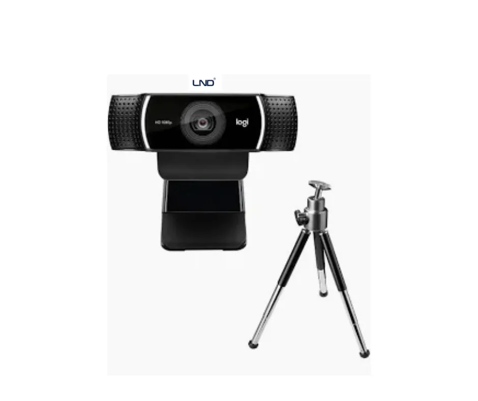 Front view of Logitech C922 Pro Stream USB Webcam with tripod support for video conferencing, live streaming, and content creation