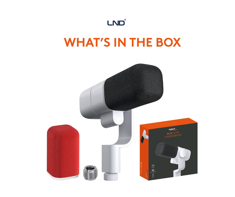 Logitech Blue Sona XLR dynamic broadcast microphone rear view with mounting arm