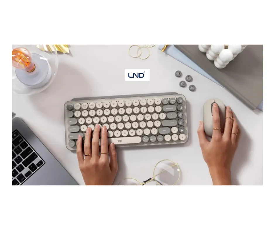 Logitech POP Keys mechanical wireless keyboard angled view with round keys