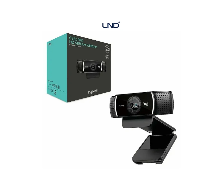 Front view of Logitech C922 Pro Stream USB Webcam with tripod support for video conferencing, live streaming, and content creation